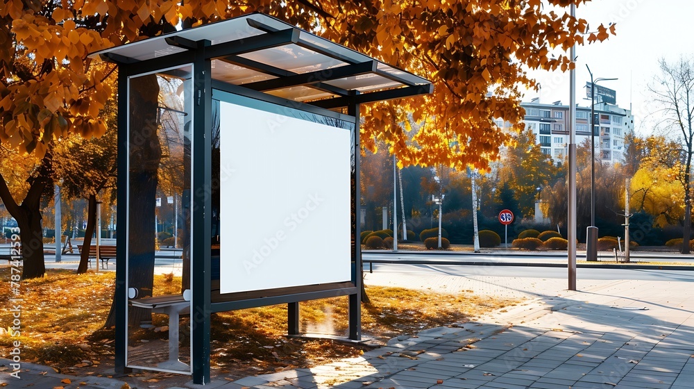 bus shelter with blank ad panel billboard display empty white lightbox ...