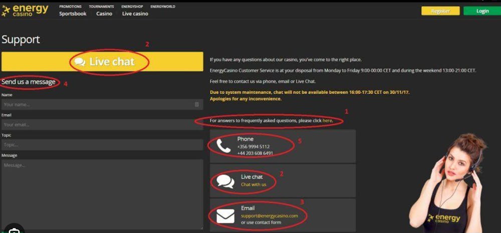 Exempel på kundtjänster, såsom email, chat, telefon hos Energycasino