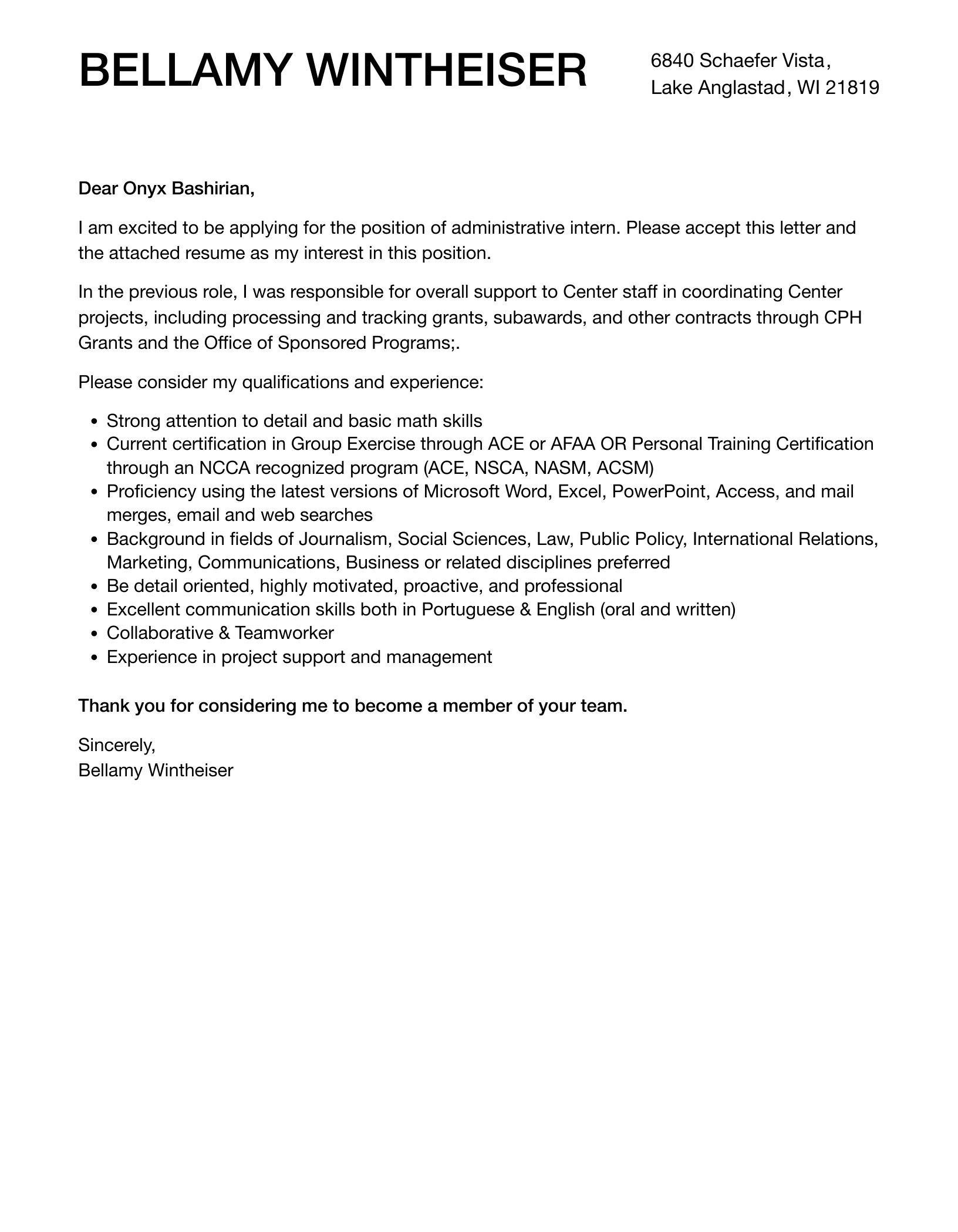 Cover Letter Sample Internship Template