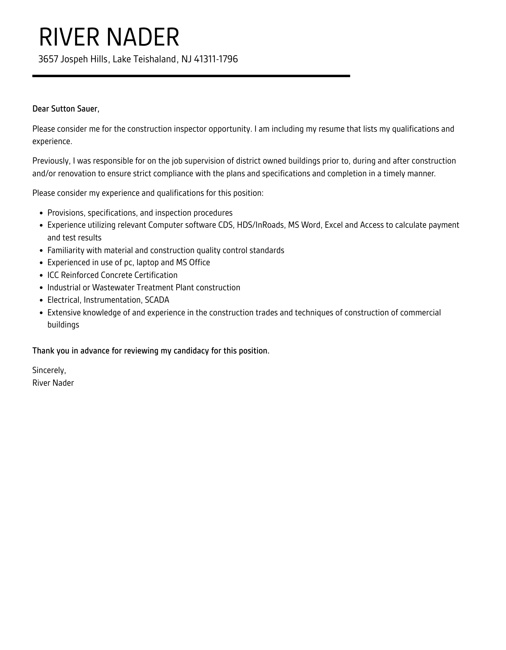 Construction Inspector Cover Letter | Velvet Jobs