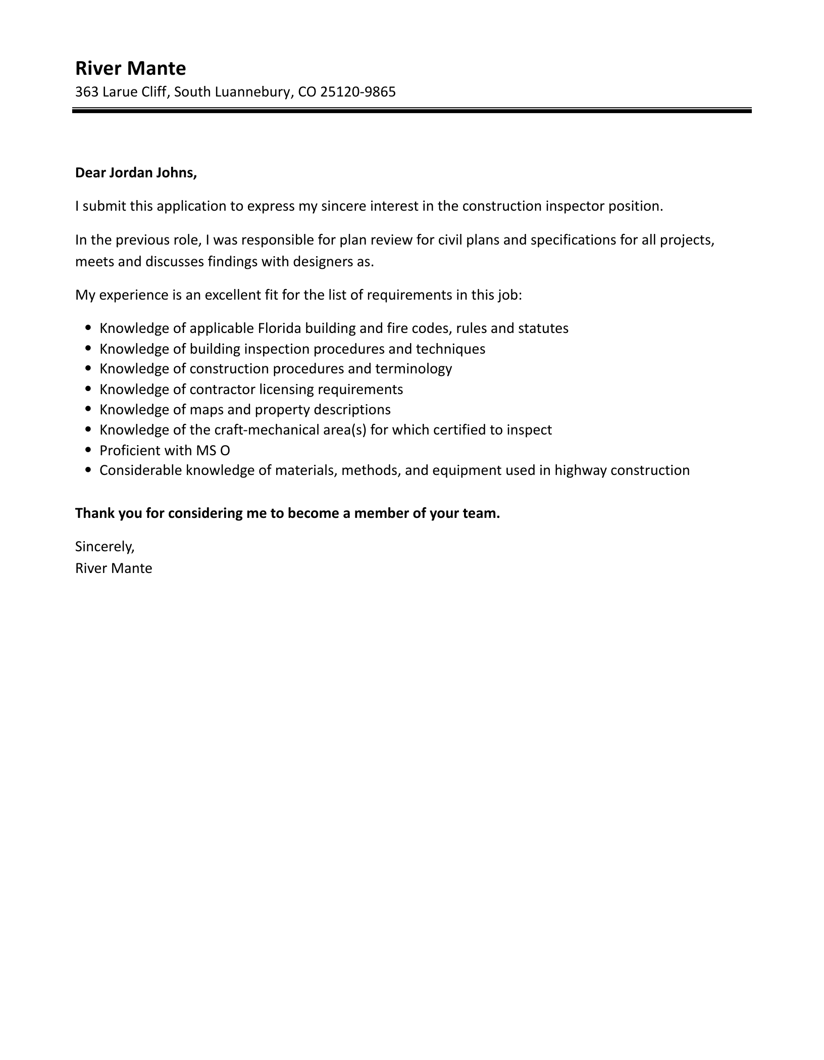 Construction Inspector Cover Letter | Velvet Jobs