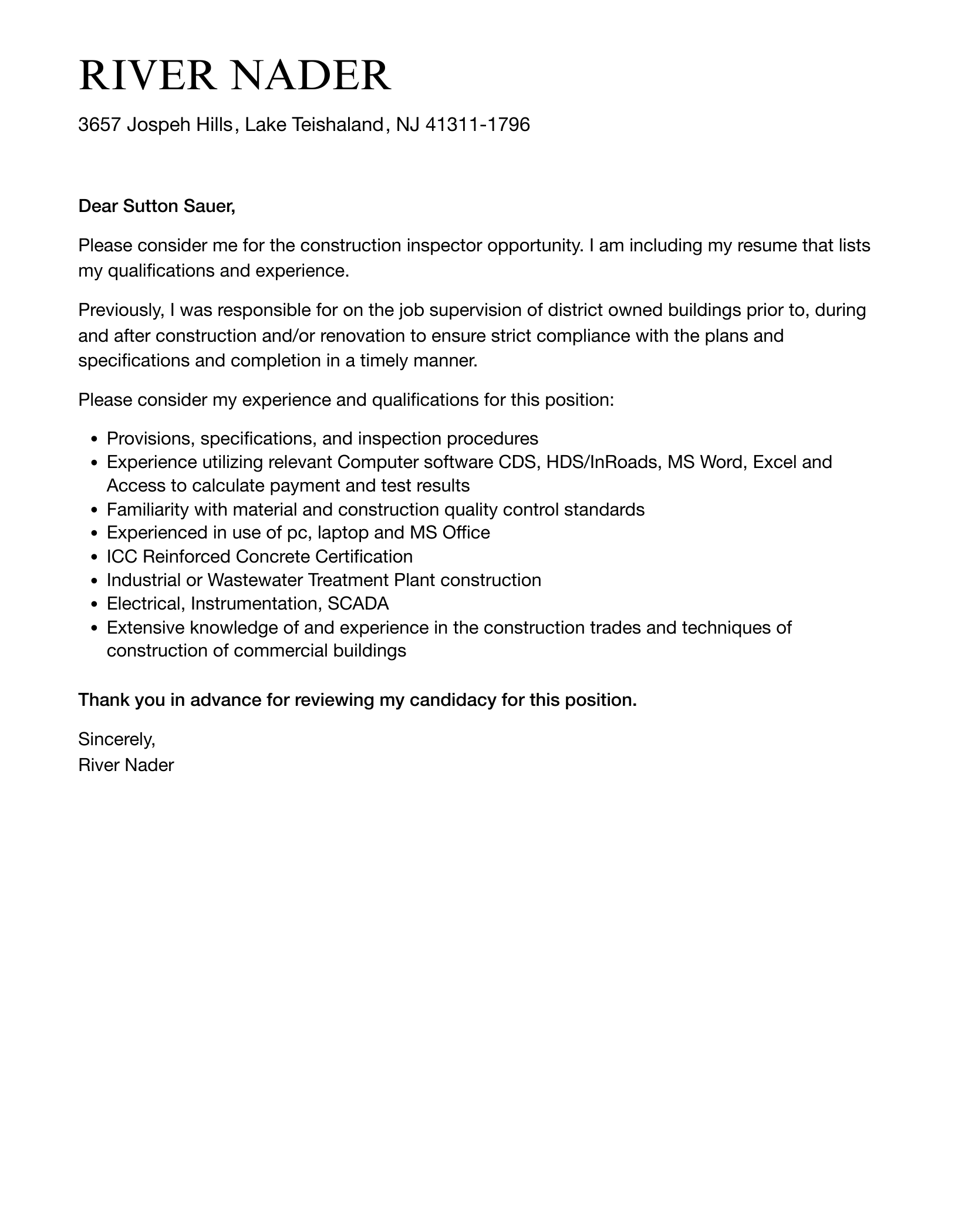 Construction Inspector Cover Letter | Velvet Jobs