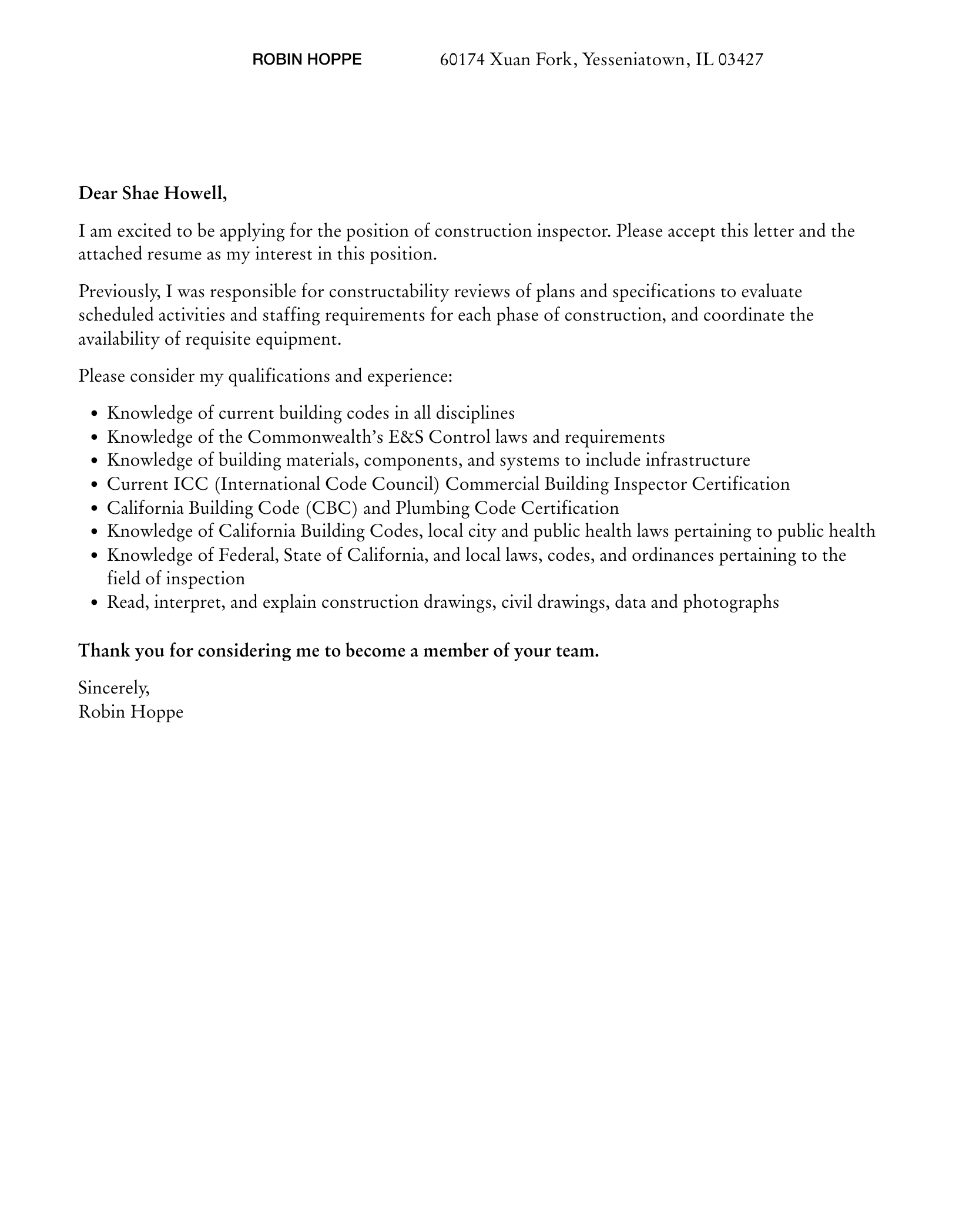 Construction Inspector Cover Letter | Velvet Jobs