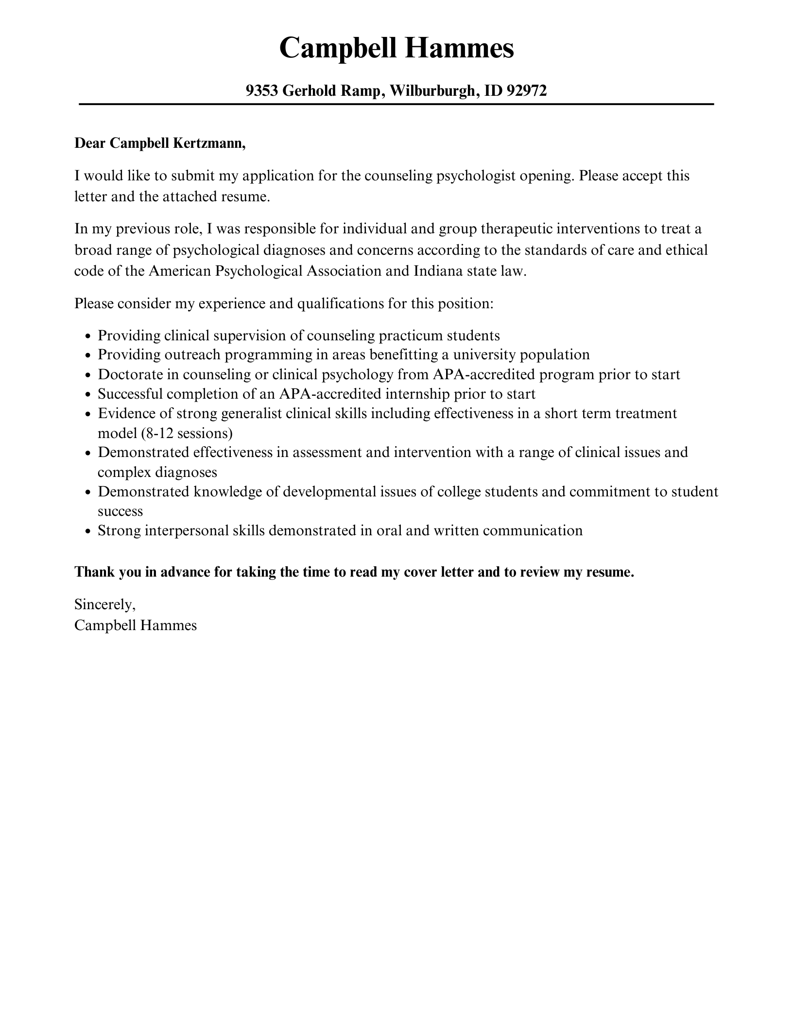 Counseling Psychologist Cover Letter | Velvet Jobs