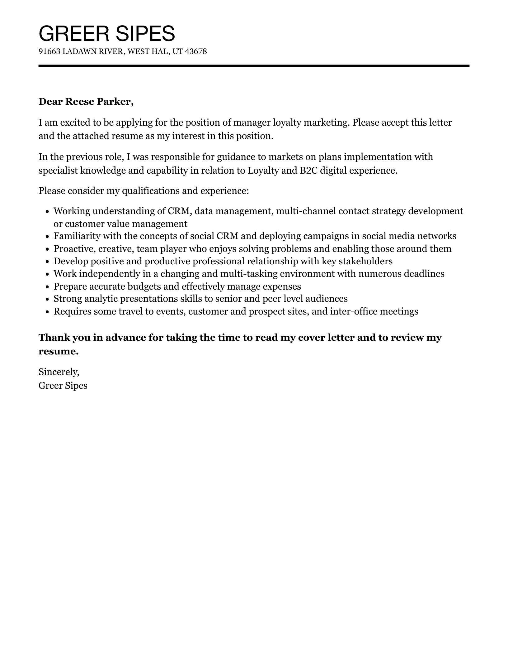 Manager Loyalty Marketing Cover Letter | Velvet Jobs