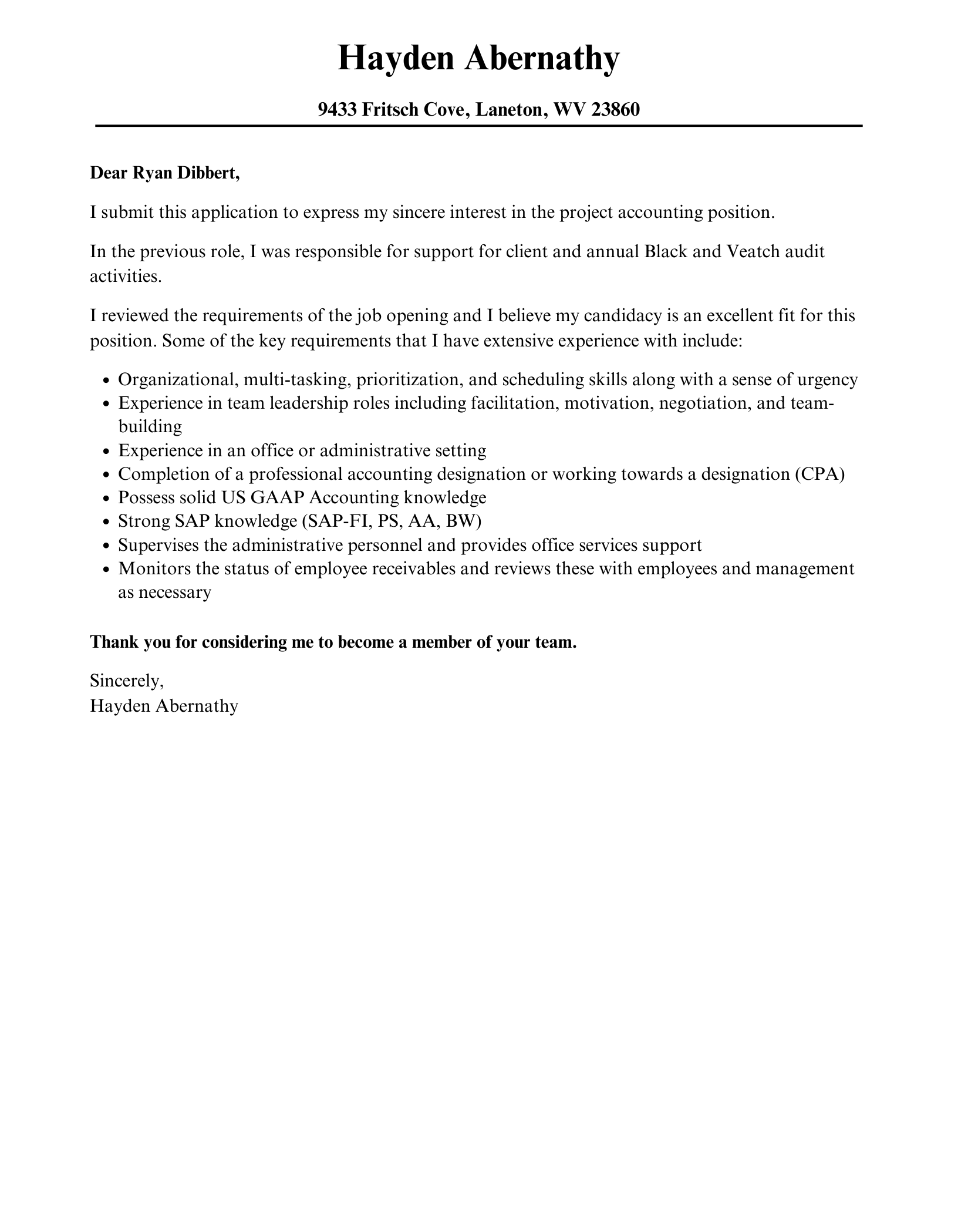 Project Accounting Cover Letter | Velvet Jobs