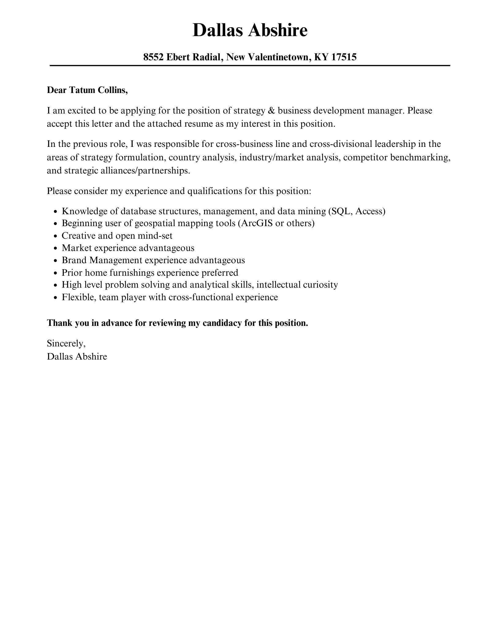 Strategy & Business Development Manager Cover Letter | Velvet Jobs