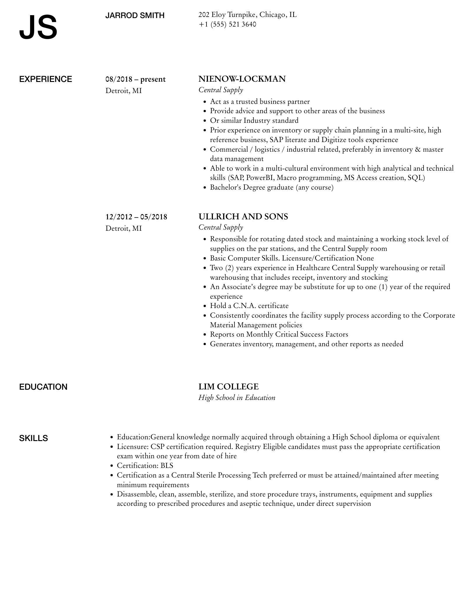 Central Supply Resume Samples | Velvet Jobs