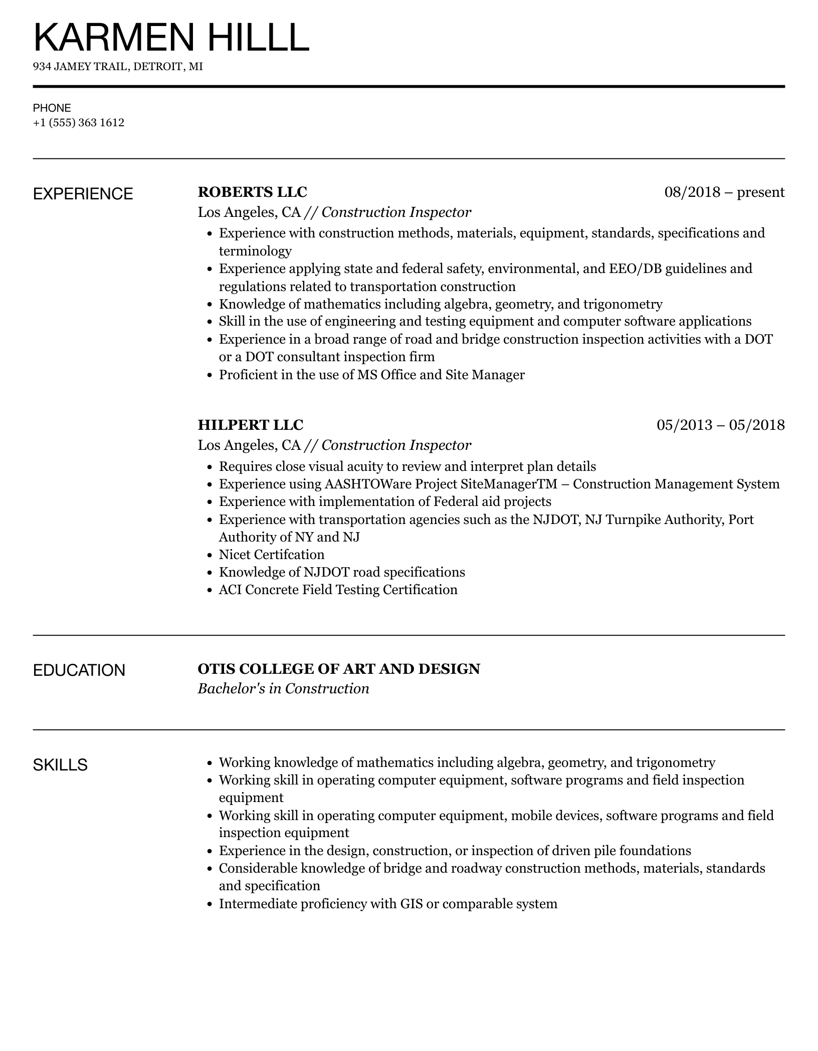 Construction Inspector Resume Sample