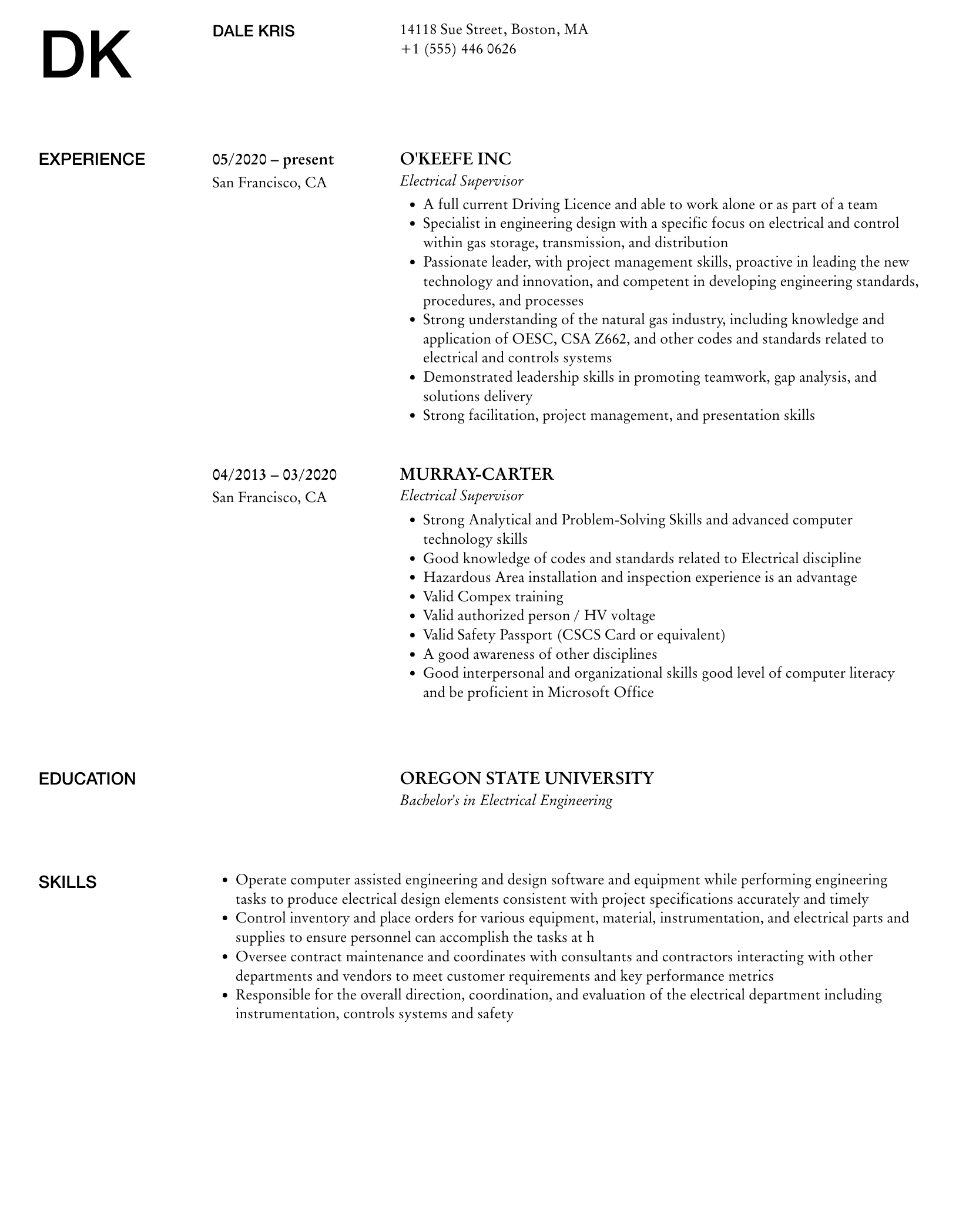 Electrical Supervisor Resume Samples | Velvet Jobs