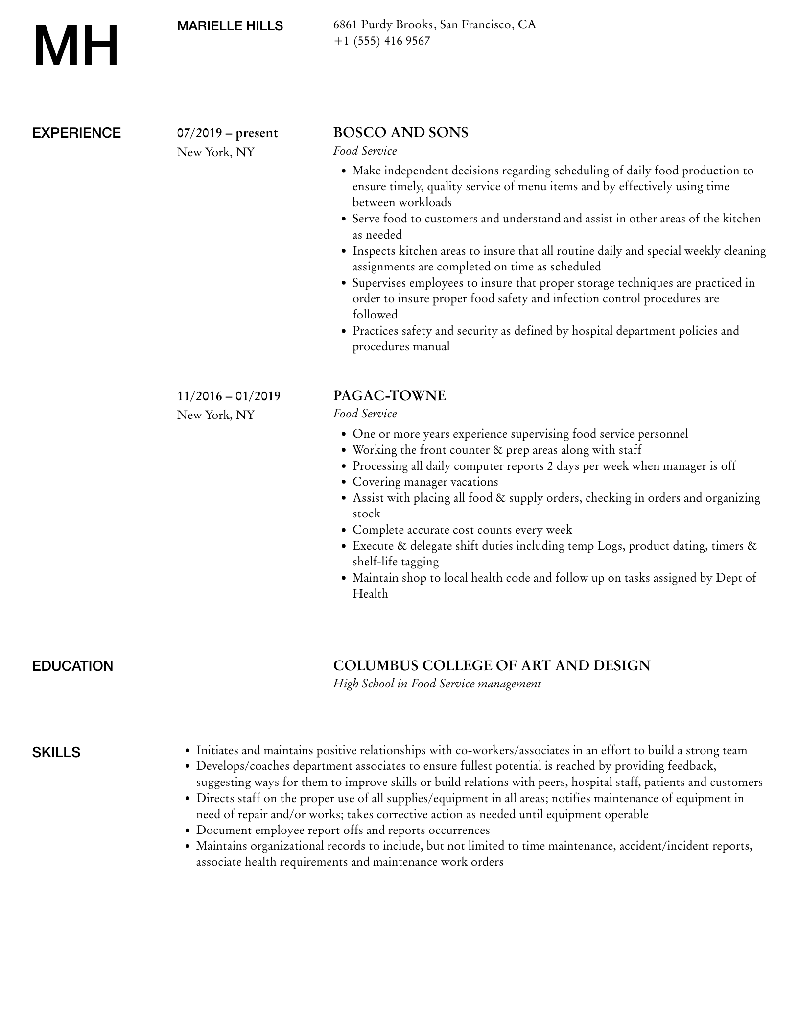 Food Service Resume Samples | Velvet Jobs