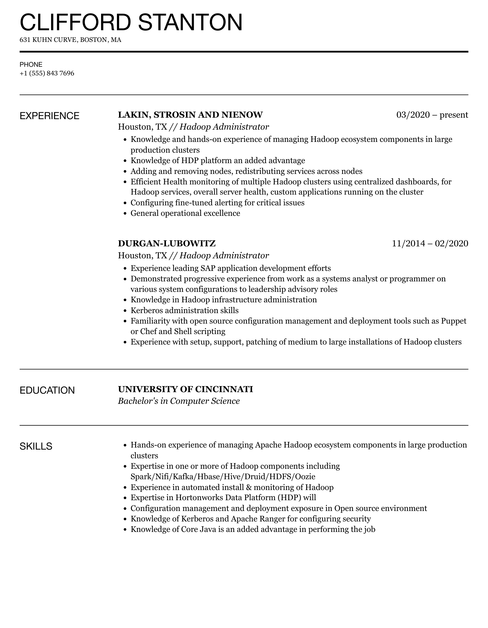 Hadoop Administrator Resume Samples | Velvet Jobs