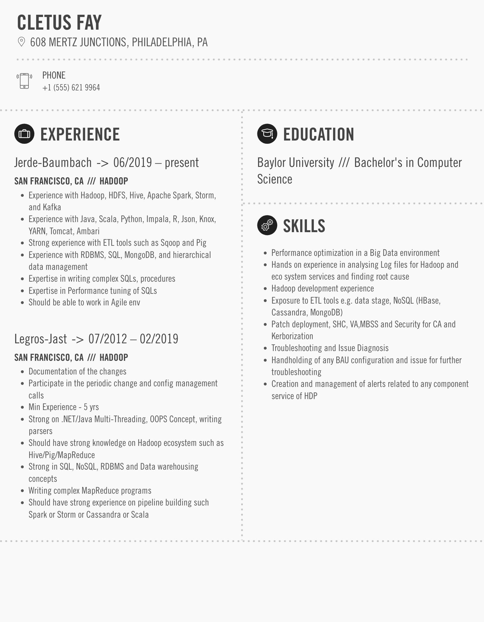 Hadoop Resume Samples | Velvet Jobs