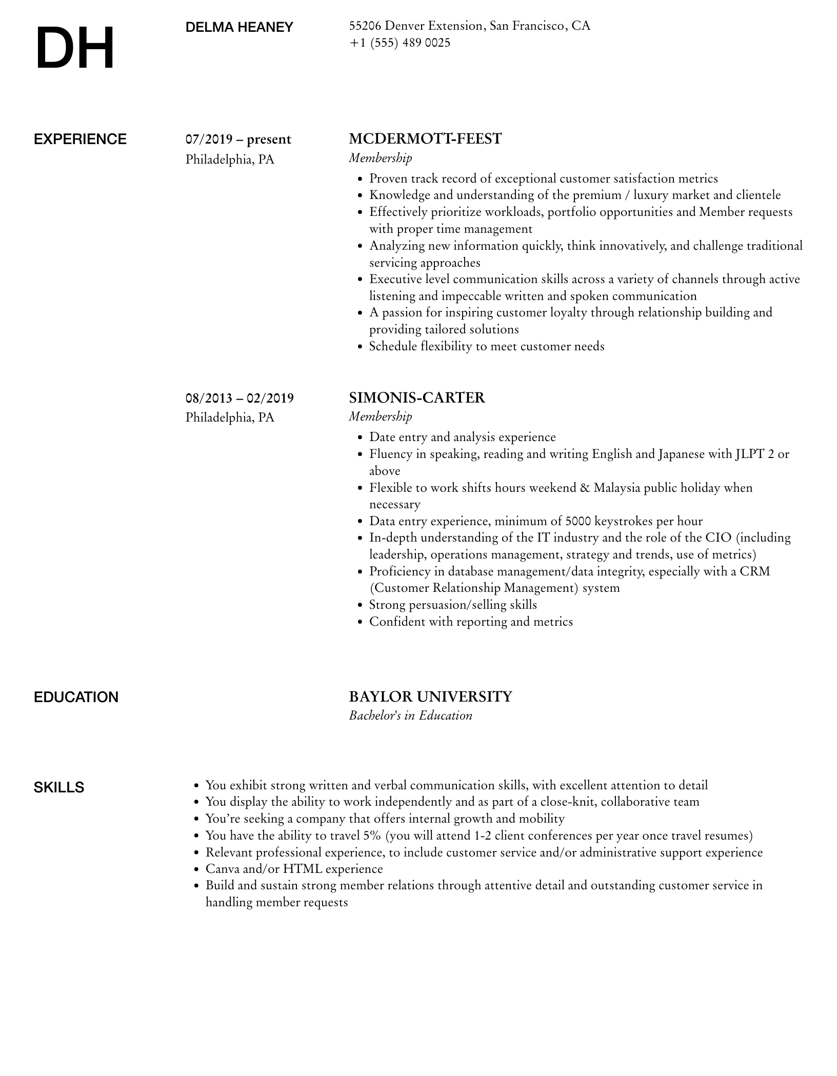 Membership Resume Samples | Velvet Jobs