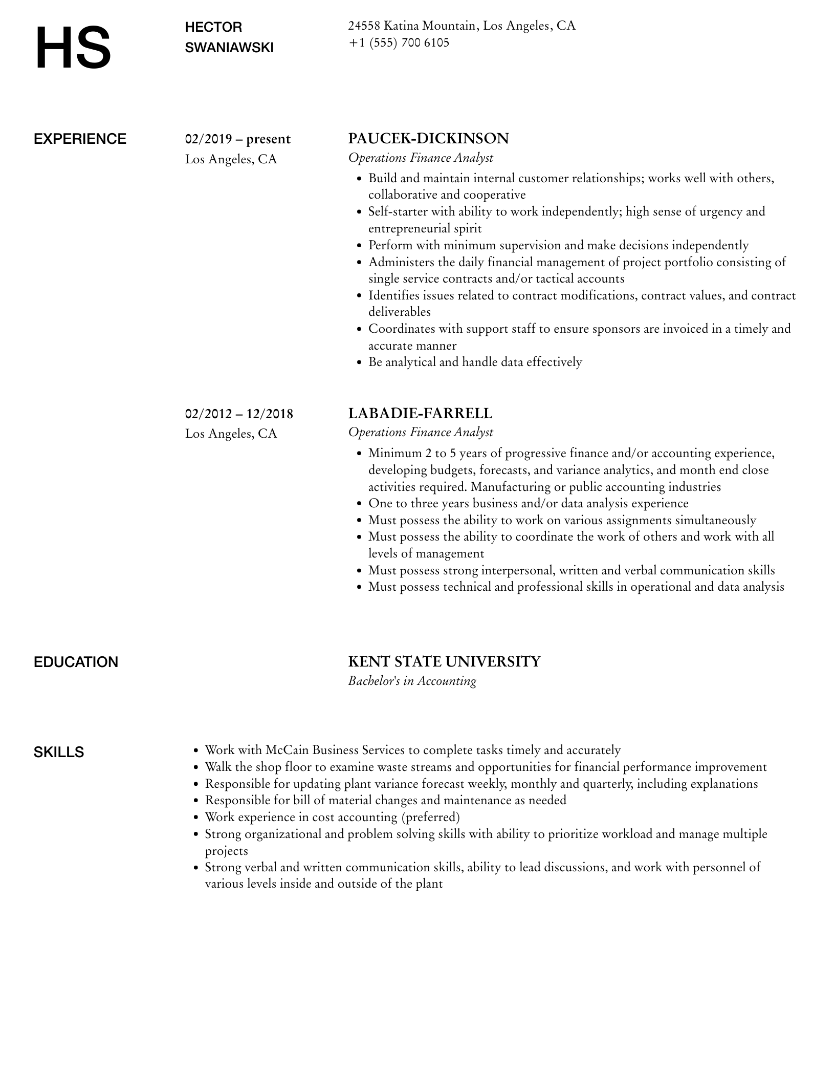 Operations Finance Analyst Resume Samples | Velvet Jobs