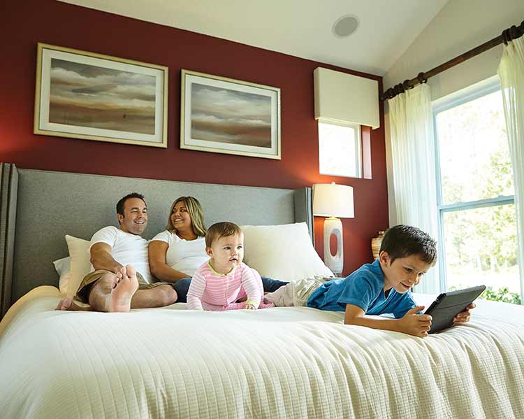 family relaxing on a bed