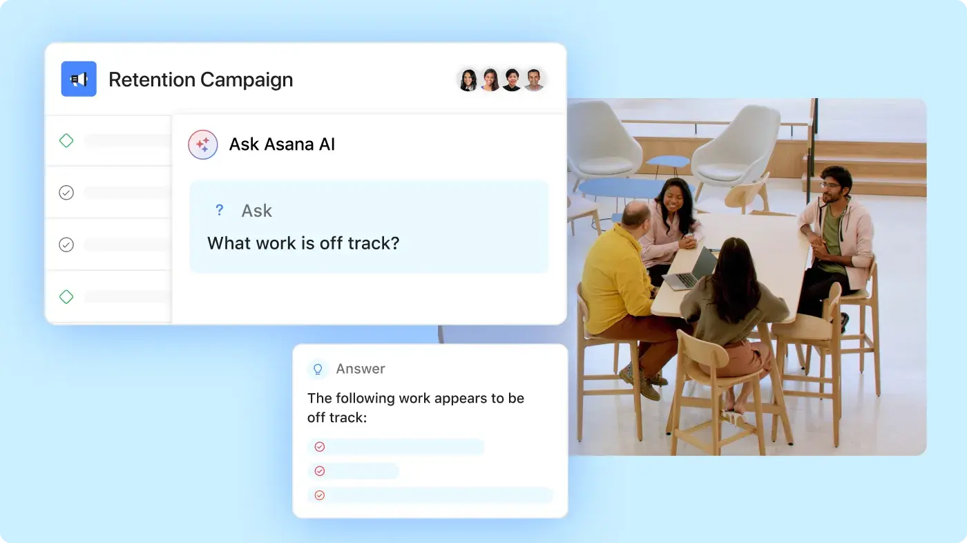 Image of AI in Asana Product UI overlaid on office employees at a meeting