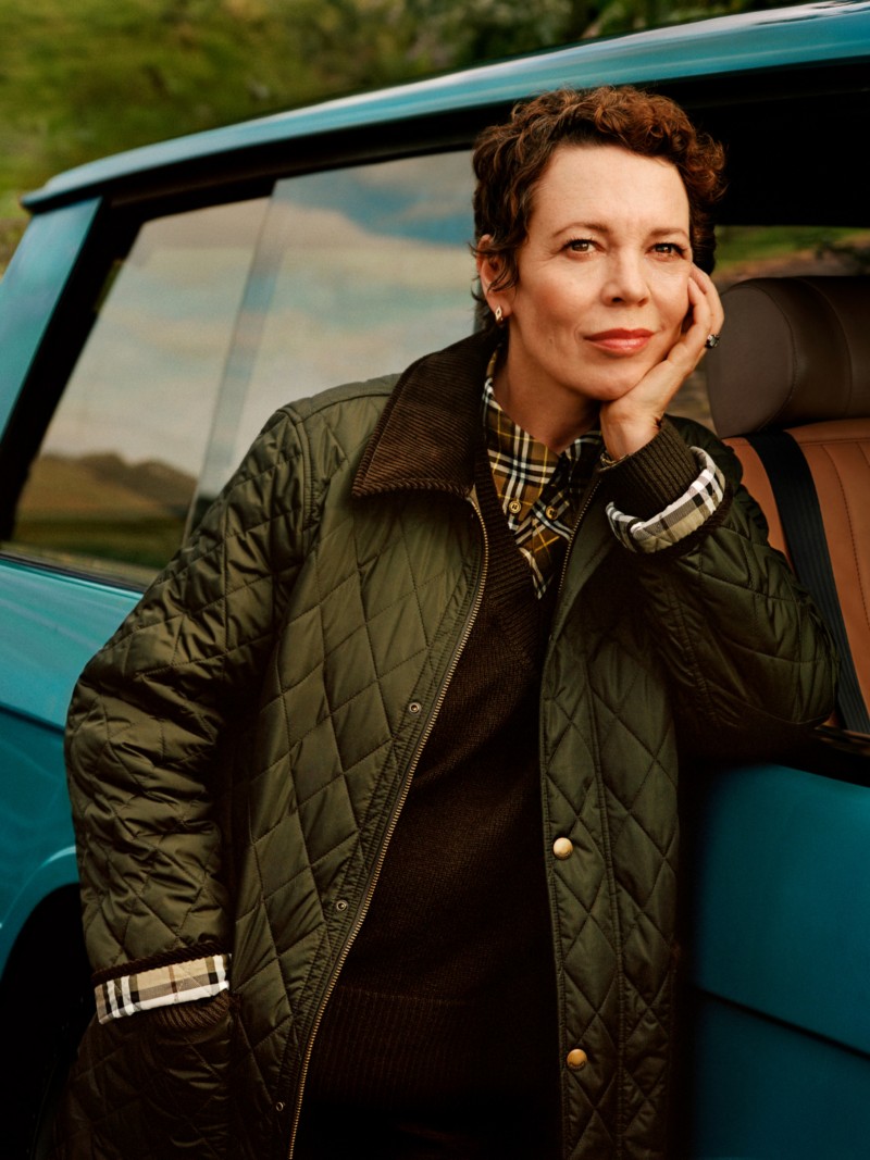 Burberry Outerwear campaign featuring Olivia Colman wearing Quilted Jacket in Shale and Brush Check