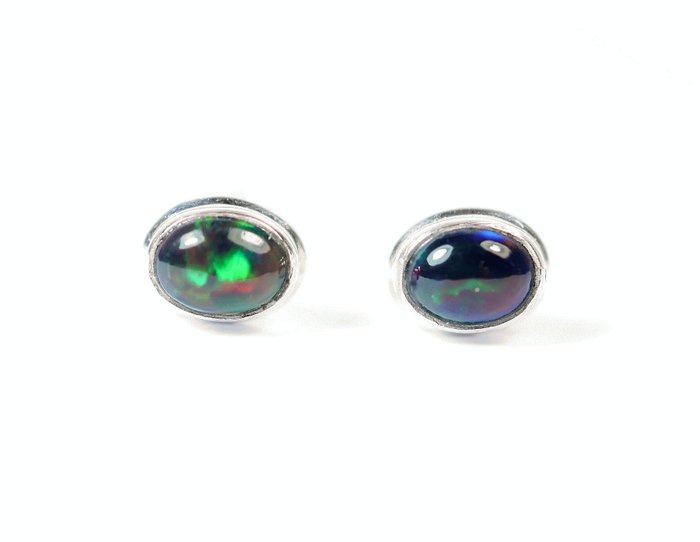 Black Chalama Opal 2 ear studs / cabochon / new- 1.66 g - (2)