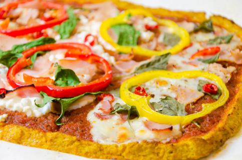 Rainbow veggie pizza with chickpea-cauliflower crust