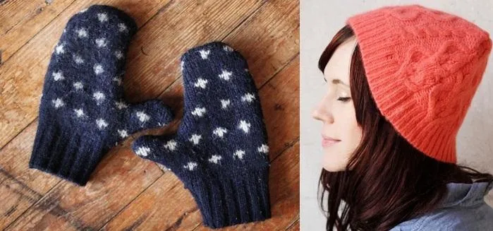 Knitted mittens with star pattern and a girl wearing a coral knit hat.