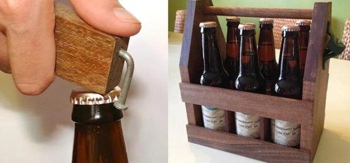 Bottle opener removing a cap from a beer bottle, with a six-pack carrier in the background.