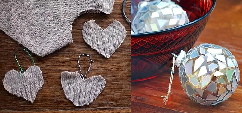 Heart-shaped decorations and a mosaic ornament in a decorative bowl.