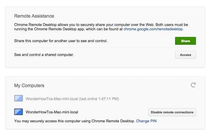 Remote desktop interface showing options to share a computer and view connected devices.