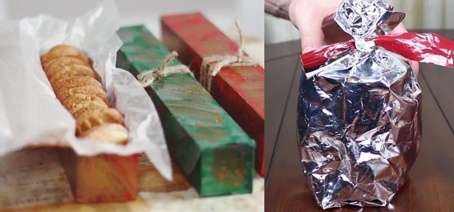 Wrapped holiday gifts in colorful paper and foil.