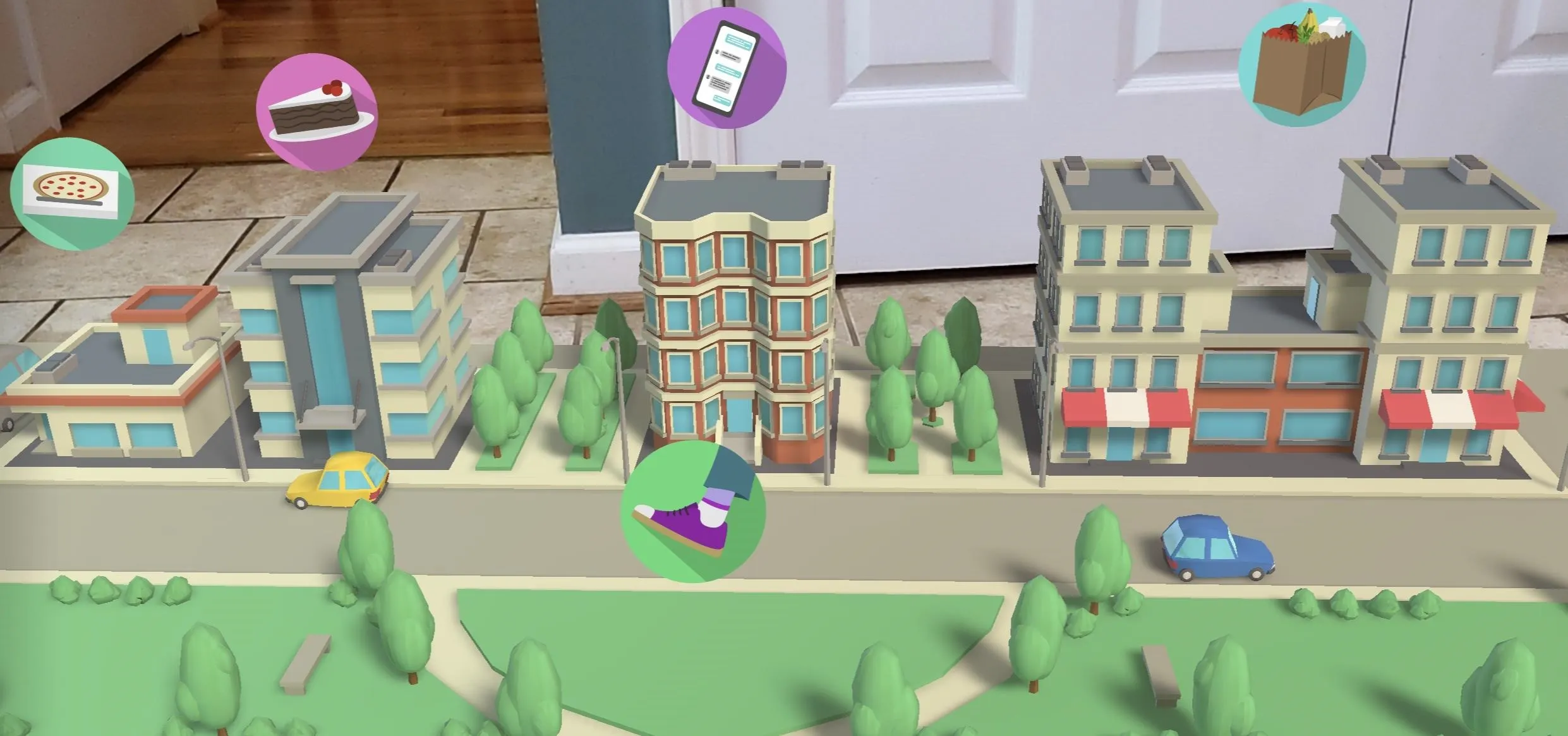 A colorful, 3D model of a cityscape featuring buildings, trees, and various icons representing businesses and services.