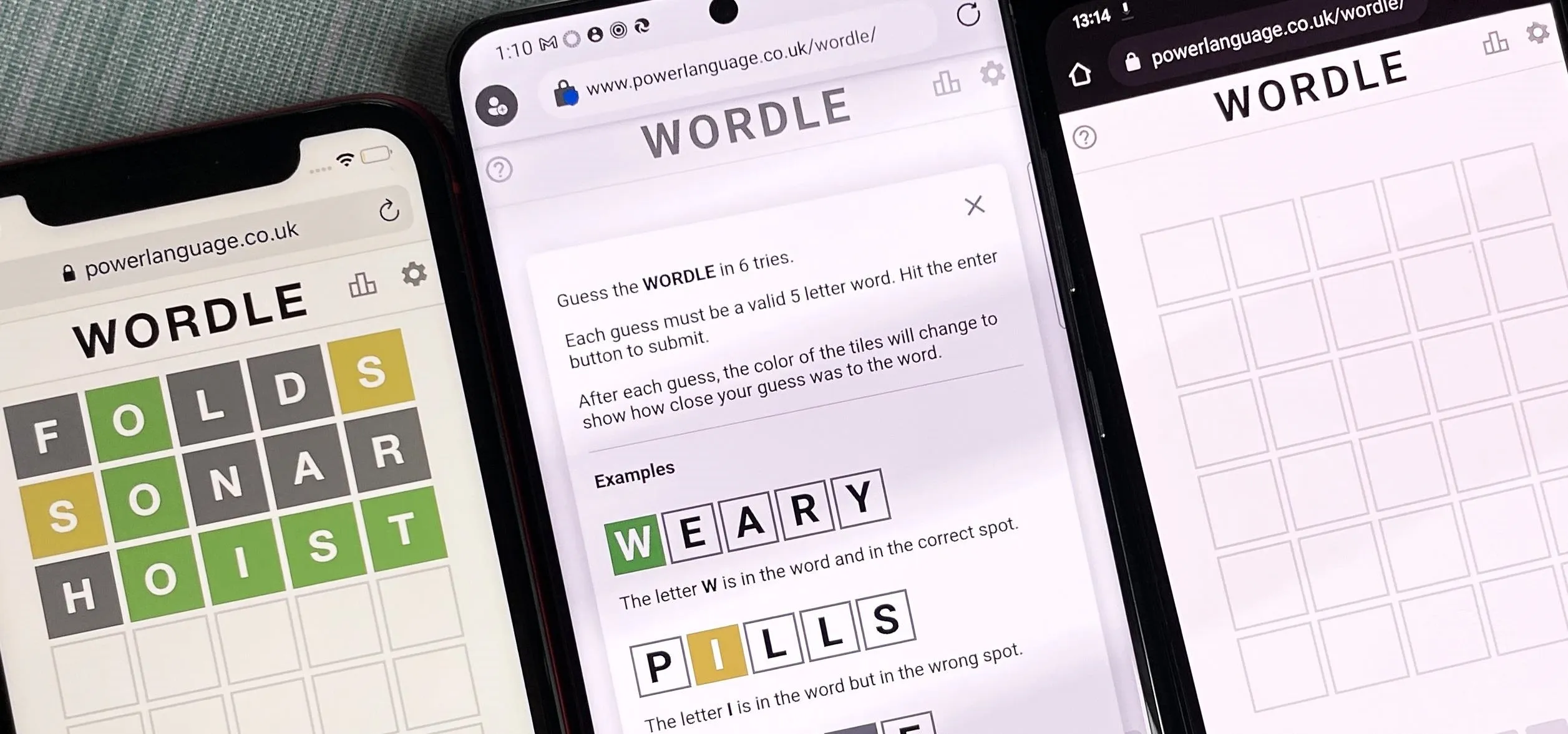 Image of three mobile phones displaying the Wordle game interface.