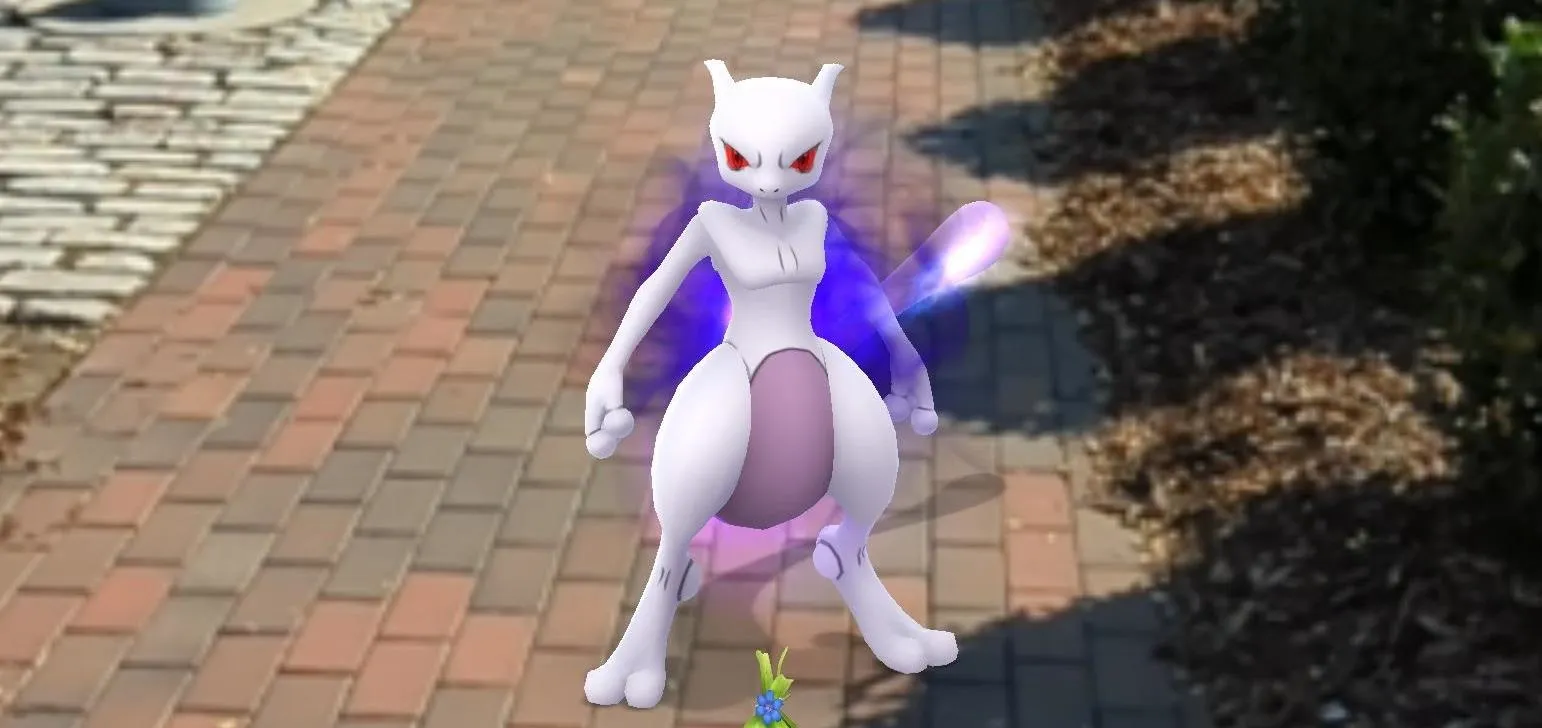 Mewtwo from the Pokémon franchise standing on a brick pathway.