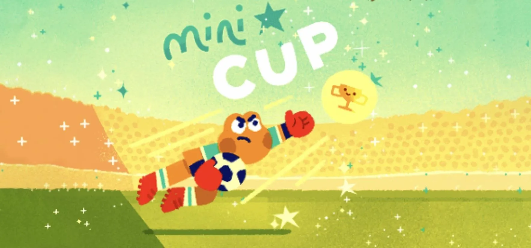 Animated character playing soccer with the text "mini CUP."