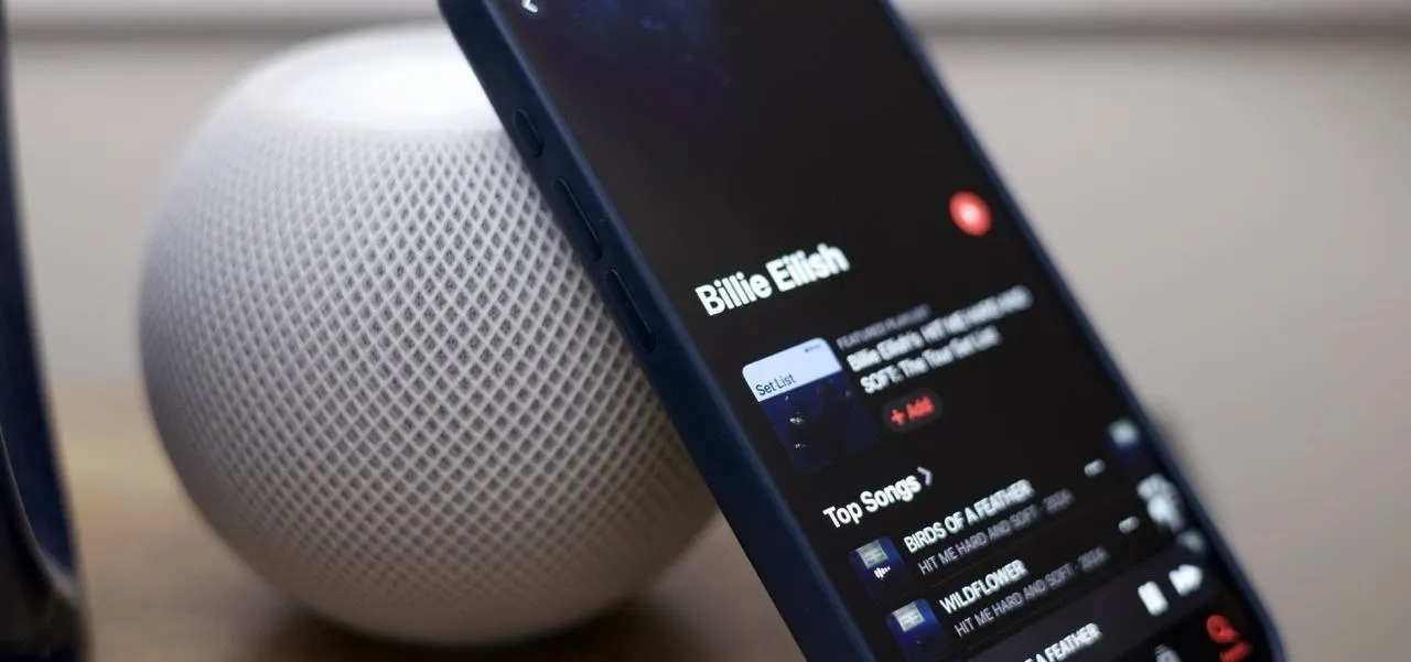 Smartphone playing music next to a smart speaker.