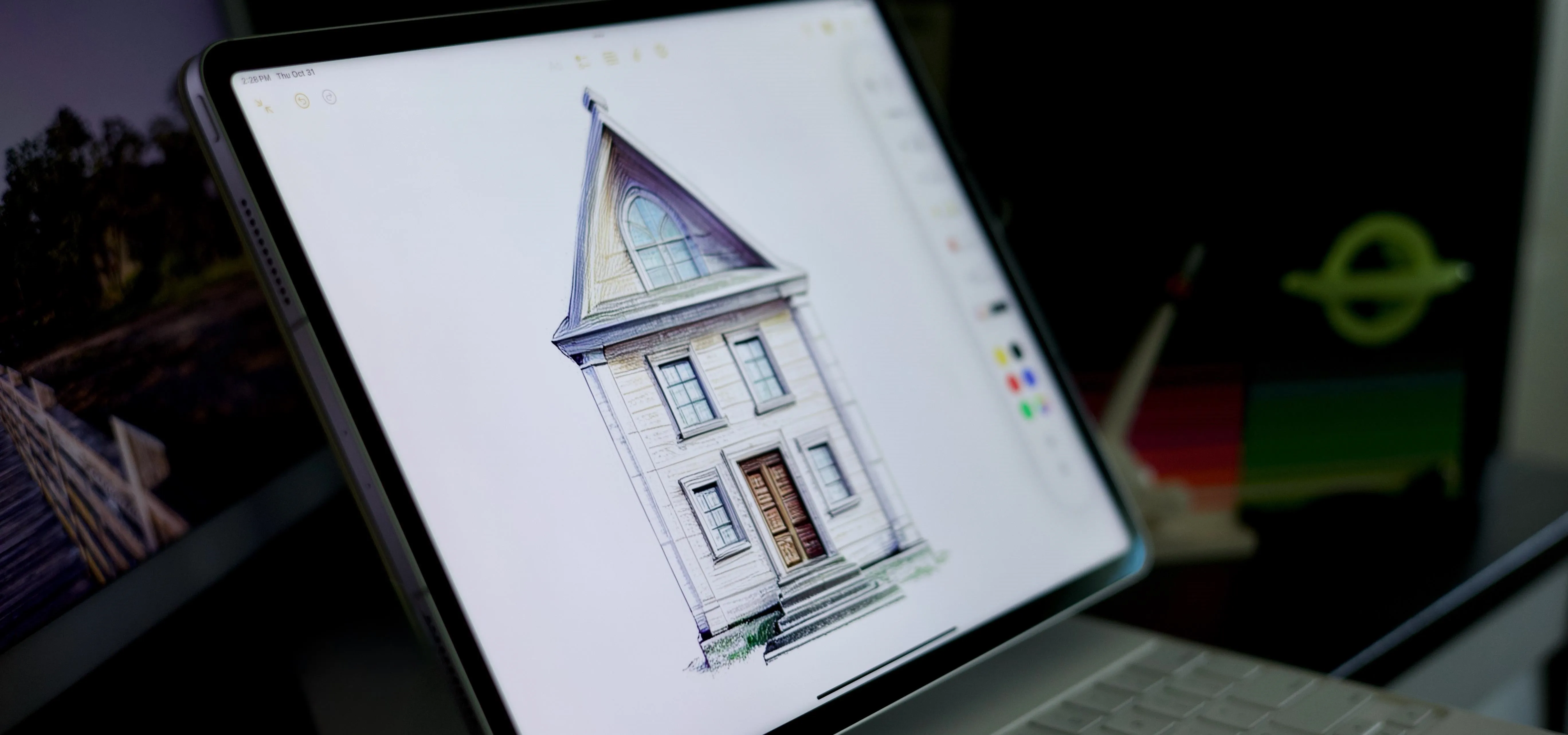 Sketch of a house design displayed on a tablet.