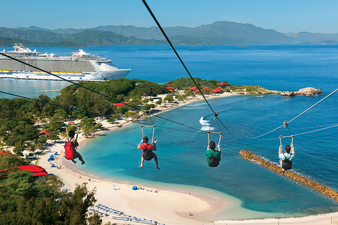 Friends Zip Lining Down Dragon's Breath Flight Line Labadee, Haiti