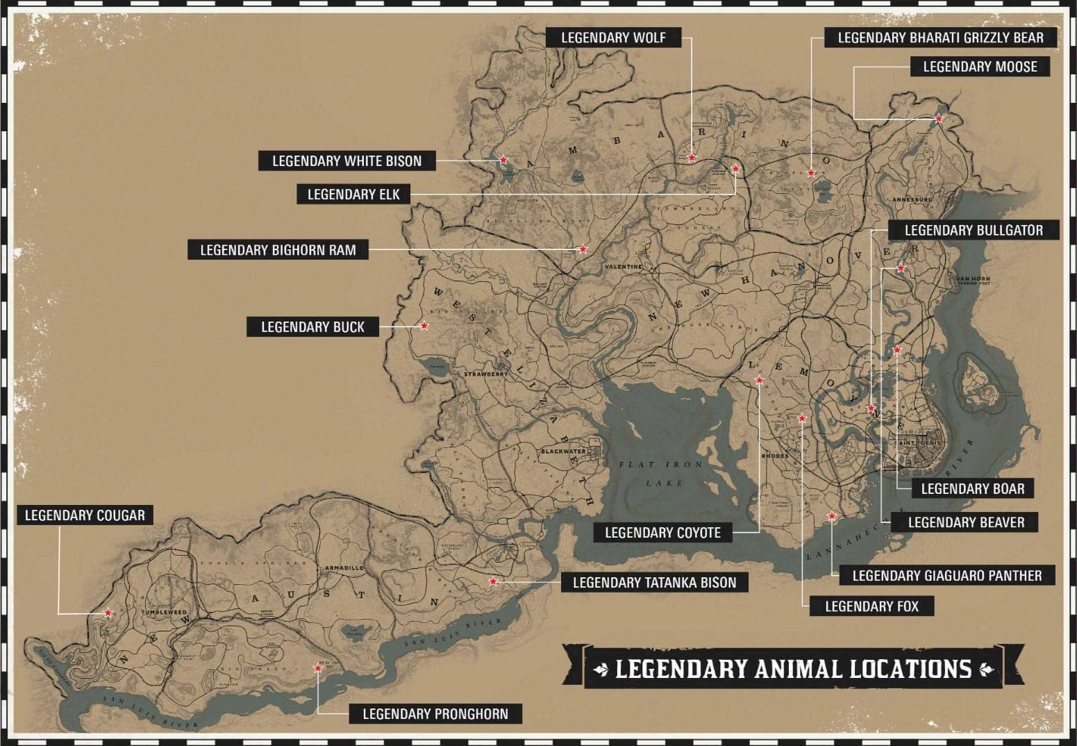 Red Dead Redemption 2 Legendary Animal Location Map