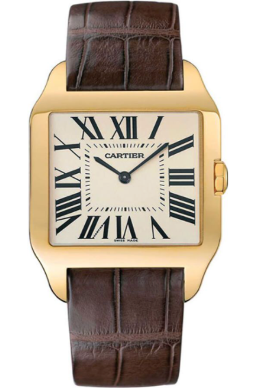 A gold cartier watch with a white face