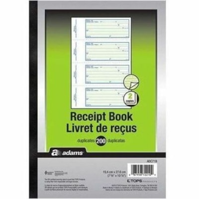 Adams Receipt Book - 2 PartCarbonless Copy - 7 5/8" (19.4 cm) x 10 7/8" (27.6 cm) Sheet Size - White, Yellow Sheet(s) 2PT  BILINGUAL  200 DUPLICATES 7-5/8" X 10-7/8"