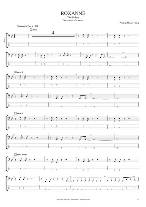 Roxanne The Police guitar pro tab EBass Full Score mysongbook