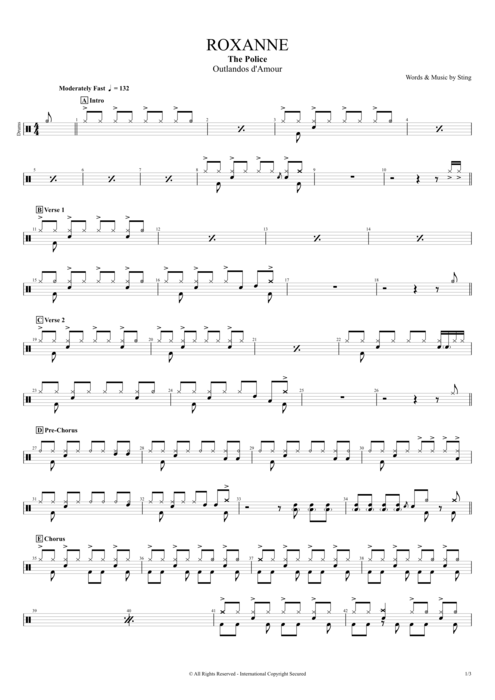 Roxanne The Police guitar pro tab Drums Full Score mysongbook