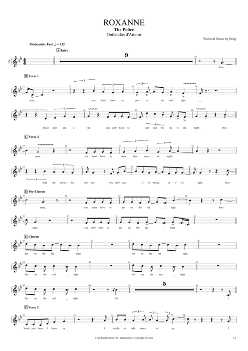 Roxanne The Police guitar pro tab Vocals Full Score mysongbook