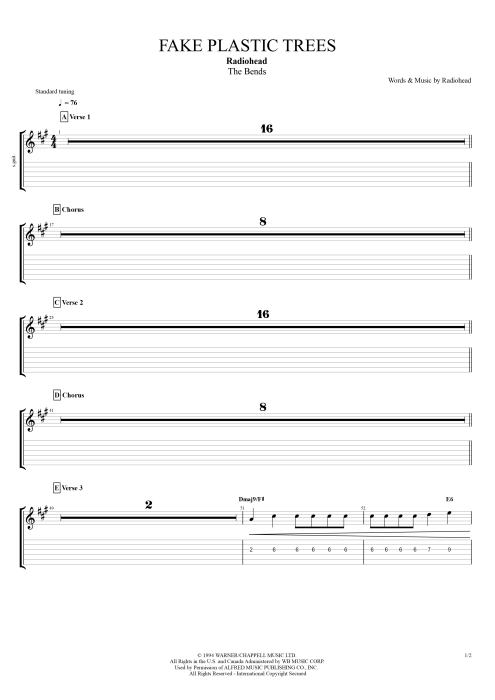 Fake Plastic Trees Radiohead guitar pro tab AGuitarII Full Score mysongbook