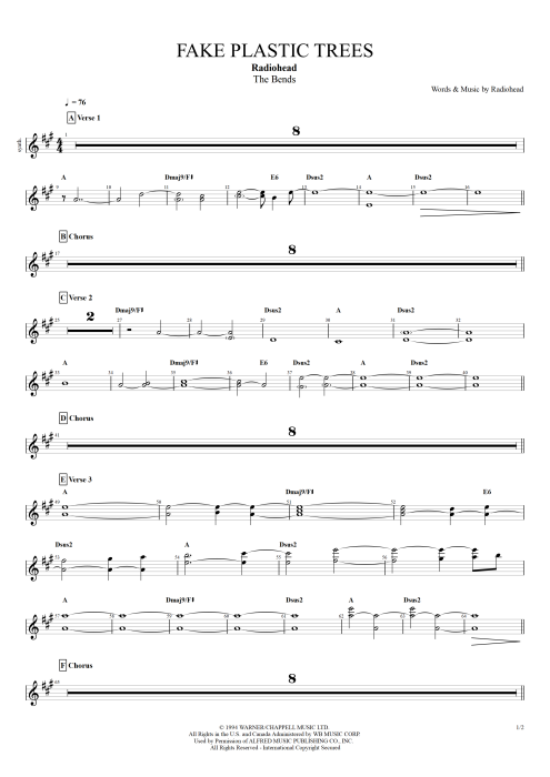 Fake Plastic Trees Radiohead guitar pro tab Synth Full Score mysongbook