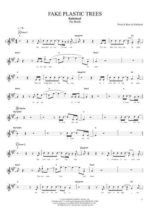 Fake Plastic Trees Radiohead guitar pro tab Vocals Full Score mysongbook