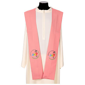 Pink stole with Jubilee 2025 logo printed in Vatican fabric with gold fringe