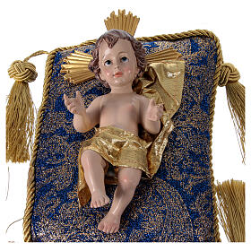 Baby Jesus resin statue with gold and blue cushion 20 cm