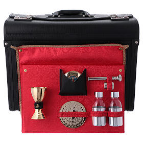 Artificial leather trolley case with red satin lining and mass kit