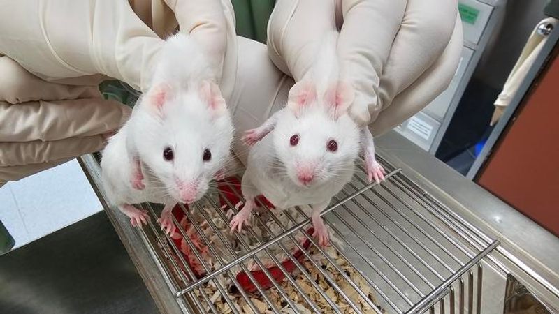 The mouse on the left has dark eyes and patches of black fur. The mouse on the right has red eyes and all white fur.