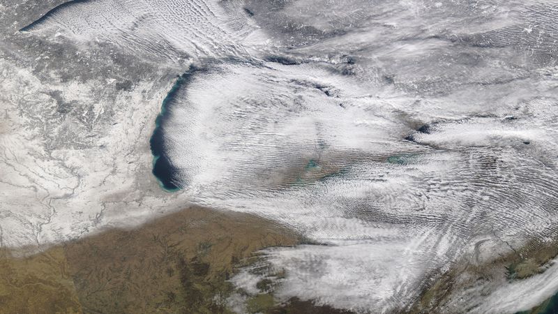 Taken from the MODIS instrument on the Aqua satellite, this true color image of Great Lakes was taken on January 10, 2022 at 18:20 (UTC) 1:20 PM in local time. This image shows Lake effect snow ocurring in every lake in the Great Lakes.